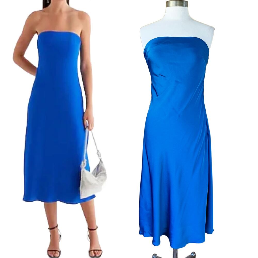 NEW EXPRESS Satin Strapless Midi Maxi Slip Dress Medium Cobalt Blue Minimalist - Picture 1 of 8